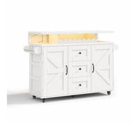 Îlot cuisine mobile pliant,chariot rangement,plateau aspect marbre renforcé,LED RGB pilotage application,2 portes 3 tiroirs,casier bouteilles,support verres amovible,5 roulettes freinables (Blanc)