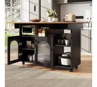 Îlot Cuisine Moderne avec Plateau de Table Pliant, Desserte Cuisine, Armoire Buffet avec Roulettes, Chariot de Salle à Manger, Table à Manger avec Espace Rangement, ilot Central Cuisine, Blanc/Noir