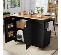 Îlot cuisine moderne noir, buffet avec rangement, table multifonction et chariot repas, pour salon ou salle à manger