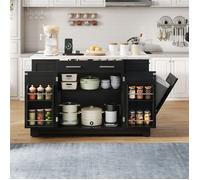 Îlot Cuisine Noir avec Plan Pliable Effet Marbre, Prise et USB, Compartiment Poubelle, Meuble de Cuisine à Roulettes avec Rangement