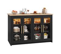 Îlot Cuisine YITAHOME avec Prise LED Plan Chêne Clair Table Petit-Déjeuner Double Placard Façades Acrylique Réglable