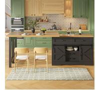 Îlot de cuisine 2-en-1 multifonction, 120-197×40×72 cm, avec table à manger, panneaux 360°, tiroirs cachés, portes de grange, noir