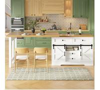 Îlot de cuisine 2-en-1 multifonction, 120-197×40×72 cm, avec table à manger, panneaux 360°, tiroirs cachés, portes de grange, blanc