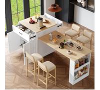 Îlot de cuisine à rallonge 133-202×70×93.5 cm avec 2 tiroirs et 4 compartiments, Buffet de cuisine avec tablettes latérales, Blanc