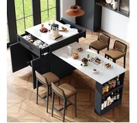 Îlot de cuisine à rallonge 133-202×70×93.5 cm avec 2 tiroirs et 4 compartiments, Buffet de cuisine avec tablettes latérales, Noir