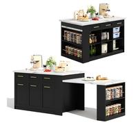 Îlot de cuisine autoportant, avec table à manger extensible, 150 cm, armoire de cuisine avec plan de travail et beaucoup d'espace de rangement, îlot de cuisine multifonctionnel, noir/blanc, buffet