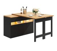 Îlot de cuisine autoportant et extensible avec éclairage LED, rotatif à 360°, longueur réglable de 120 à 180 cm, espace de rangement avec portes coulissantes en verre, pour cuisine, salle à manger