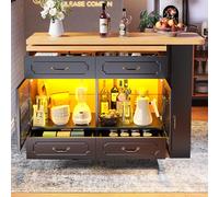 Îlot de cuisine autoportant, pivotant à 360°, extensible de 135 à 203 cm, îlot de cuisine mobile avec roulettes et éclairage LED, table de bar avec espace de rangement et 4 tiroirs, armoire de cuisine