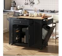 Îlot de Cuisine avec 2 Prises et USB - Chariot de Cuisine avec Plan Rabattable - Poubelle Intégrée - 2 Tiroirs - 2 Portes - Noir