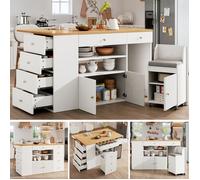 ilot de cuisine avec 6 tiroirs et tabourets, Buffet avec tabourets de bar, Table à Manger Extensible 140x40-70x89cm, Blanc