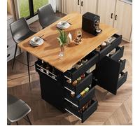 Îlot de cuisine avec 8 tiroirs, table à manger extensible 122x46-74.5x91.5 cm, meuble rangement mobile avec plateau MDF, noir