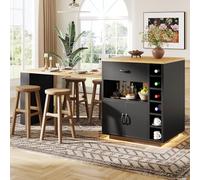 Îlot de Cuisine avec Bande LED - Meuble de Cuisine 80 x 70 x 95,5 cm avec Table Extensible, Chariot de Service Fixe, 2 Tiroirs et 4 Portes, Buffet pour Salon et Bar, Noir/Blanc (Noir + MDF + Métal)