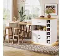 Îlot de Cuisine avec Bande LED - Meuble de Cuisine 80 x 70 x 95,5 cm avec Table Extensible, Chariot de Service Fixe, 2 Tiroirs et 4 Portes, Buffet pour Salon et Bar, Noir/Blanc (Blanc + MDF + Métal)
