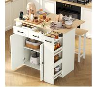 ilot de cuisine avec étagères et tiroirs réglables,Table à Manger Extensible avec multiprises et 2 chaises,Blanc 1120×45-75×96cm