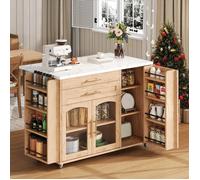 Îlot de Cuisine avec plan de travail, dessert de cuisine à roulettes avec 3 portes et 2 tiroir - 120x45-70x90cm - MDF - FSC, Naturel