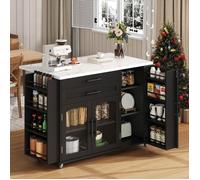Îlot de Cuisine avec plan de travail, dessert de cuisine à roulettes avec 3 portes et 2 tiroir - 120x45-70x90cm - MDF - FSC, Noir