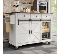 Ilot de cuisine avec plan de travail escamotable, 2 portes, 3 tiroirs, tablettes de rangement latérales, roulettes amovibles -