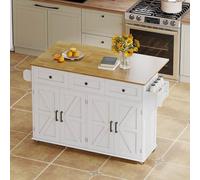 Îlot De Cuisine Avec Plan De Travail Rabattable, 140 X 43 (70) X 90,5 cm， Buffet Équipé De 5 Roulettes Verrouillables, 4 Portes, 3 Tiroirs, Étagère De Porte, Porte-serviettes Double Face, Blanc