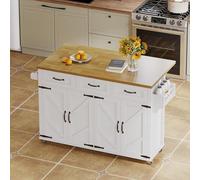 Îlot De Cuisine Avec Plan De Travail Rabattable,140 X 43 (70) X 90,5 cm, Équipé De 5 Roulettes Verrouillables, Buffet Avec 4 Portes Et 3 Tiroirs, Porte-serviettes Double Face, Blanc Meuble De Salon