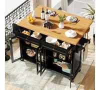 Îlot de Cuisine avec roulettes et Portes vitrées, Chariot de Service Multifonctionnel avec Grain de Bois et Grand Espace de Rangement, Meuble Buffet Mobile, Chariot de Cuisine