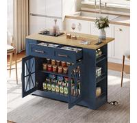 Îlot de Cuisine avec Station de Charge, Chariot de Cuisine à roulettes avec Plan de Travail Rabattable, Racks à Épices, 2 Tiroirs et Étagère Réglable, pour Cuisine et Salle à Manger (Bleu-01B)