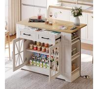 Îlot de Cuisine avec Station de Charge, Chariot de Cuisine à roulettes avec Plan de Travail Rabattable, Racks à Épices, 2 Tiroirs et Étagère Réglable, pour Cuisine et Salle à Manger (Blanc-01W)