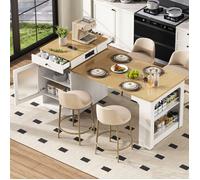 Îlot de cuisine avec table à manger extensible, plan de travail, table de bar avec multiprises, Meuble de salle à manger