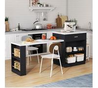 Îlot de cuisine avec table à manger extensible,table de cuisine avec 2 tiroirs+2 étagères,4 à 6 personnes,meuble de rangement,Noir