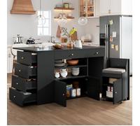 Îlot de Cuisine avec tabourets et 6 Tiroirs, table à manger extensible 140x40-70x89 cm, meuble rangement mobile avec Étagères, noir