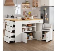 Îlot de Cuisine avec tabourets et 6 Tiroirs, table à manger extensible 140x40-70x89 cm, meuble rangement mobile avec Étagères, blanc