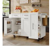 Îlot de Cuisine avec tiroirs, table à manger extensible 110x46(74)x90,5cm avec Rangements Extensibles, Roulettes 360°, blanc