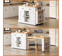 Îlot de cuisine blanc avec table à manger extensible pour 4 à 5 personnes, îlot de cuisine sur roulettes avec espace de rangement, chariot de cuisine avec prises et USB, utilisable comme chariot de