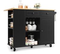 îlot de cuisine blanc de style maison de campagne (120 cm), chariot de cuisine avec 2 portes en verre et étagères de porte, chariot de service avec plan de travail pliable (aspect bois), sur roulettes