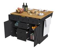 Îlot de Cuisine, Chariot de Service Multifonctionnel avec Grain de Bois et Grand Espace de Rangement, avec Plan de Travail, Noir