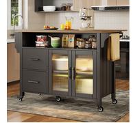 Îlot de cuisine chariot repas multifonction avec cloisons amovibles Buffet vitrine en verre finition bois éclairage LED