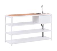 Ilot de Cuisine de Jardin Avec Evier en Acier 159 x 50 x 91 cm Extérieur 3 Etagères Dessus Marron Blanc Avetrana