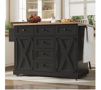 Îlot de cuisine de multifonction avec finition bois et grand rangement, Chariot/buffet mobile pour salle à manger, salon, cuisine