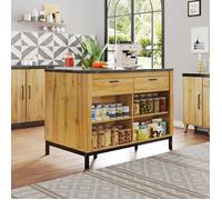 Îlot de cuisine de style campagnard avec tiroirs et étagères ouvertes, motif chêne, plateau en marbre noir et coin bar à l'arrière