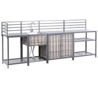 Ilot de Cuisine d'Extérieur 4 Pièces en Aluminium Rotin PE avec Meuble et É