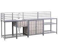 Ilot de Cuisine d'Extérieur 4 Pièces en Aluminium Rotin PE avec Meuble et Évier Rangements Gris Mirador