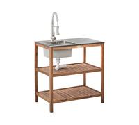 Ilot de Cuisine d'Extérieur en Bois d'Acacia 80 x 50 x 83 cm avec 2 Étagères Plateau en Acier Évier et Robinet Marron et Argenté Brucoli