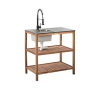 Ilot de Cuisine d'Extérieur en Bois d'Acacia 80 x 50 x 83 cm avec 2 Étagères Plateau en Acier Évier et Robinet Marron et Noir Brucoli