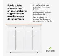Ilot de cuisine Etsu plan de travail extensible 2 tiroirs 4 portes en table à manger