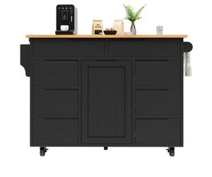 Ilot de cuisine extensible 8 tiroirs noir chariot à roulettes avec étagère à épices plan de travail moderne 122x46-74 5x91 5cm