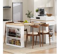 Îlot de cuisine extensible - Blanc - 83x46~146.5x96 cm - Roulettes cachées - Plateau pliable - Prises intégrées