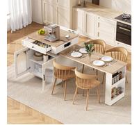 Îlot de cuisine extensible sur roulettes 128-200x71x92 cm, table à manger 2-4 places, LED, USB/Type-C, rangement, MDF, blanc/naturel