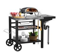 Îlot de cuisine extérieur, chariot de table de barbecue avec tiroir, support de four à pizza, table de préparation mobile à 3 étagères avec évier pour feu de bois Ninja, four à pizza Ooni, plaque de