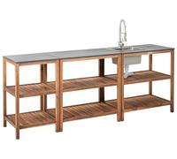 Ilot de Cuisine Extérieur en Bois d'Acacia 3 Pièces avec Étagères Plateau en Acier Évier et Robinet Marron et Argenté Brucoli