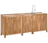 Ilot de Cuisine Extérieur Ensemble 3 Pièces Étagères avec Évier et Robinet Acier Inox Argenté Bois d'Acacia Marron Venosa