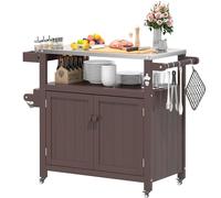Îlot de Cuisine Extérieur sur Roulettes Marron - Chariot de Barbecue Mobile Multifonction avec Plan de Travail & Compartiment de Rangement, Armoire Portable pour Jardin Terrasse Camping Pique-nique